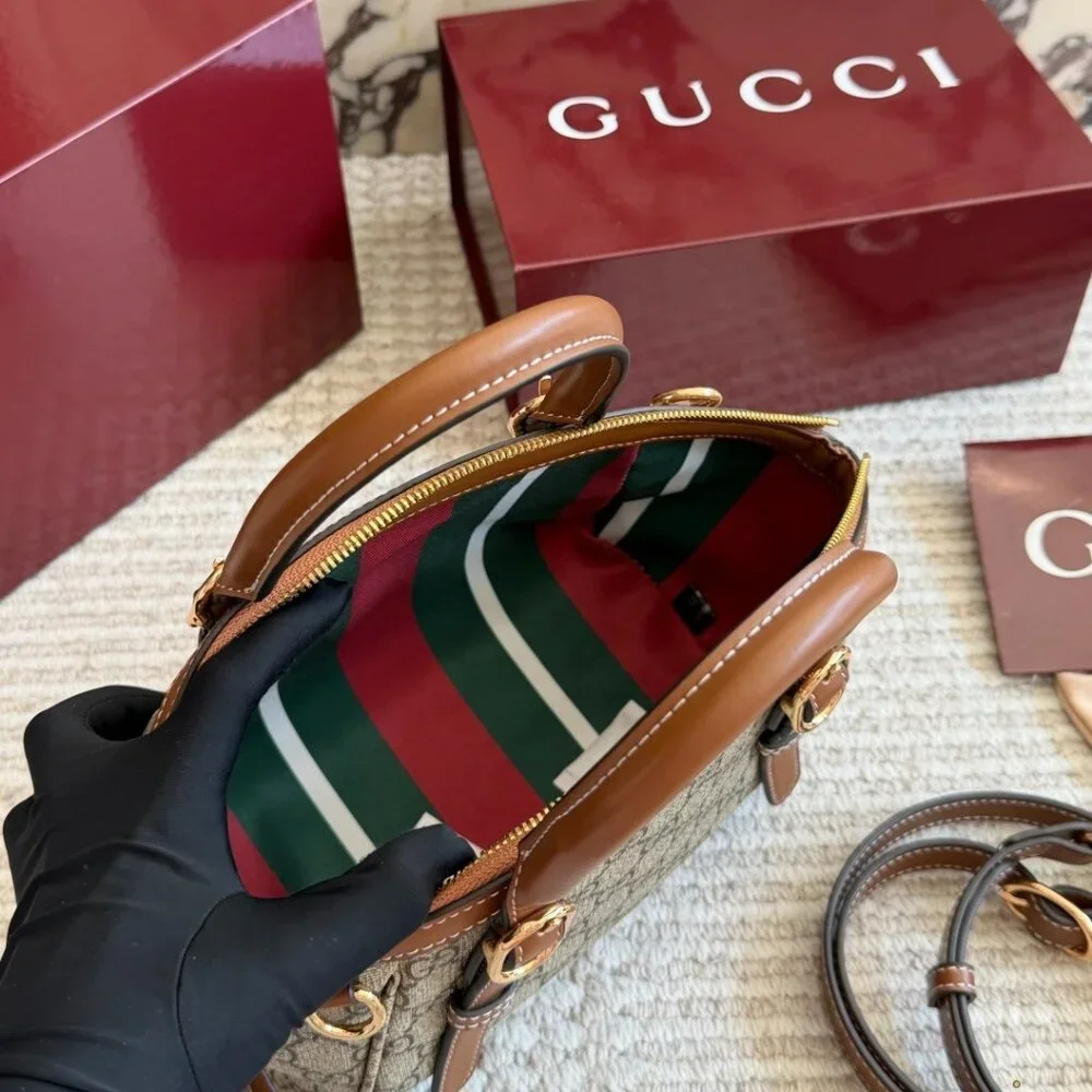 💖 GUCCI 💖 GG Canvas Mini Top Handle Bag Brown Leather Trim Gold Hardware - Picture 9 of 9